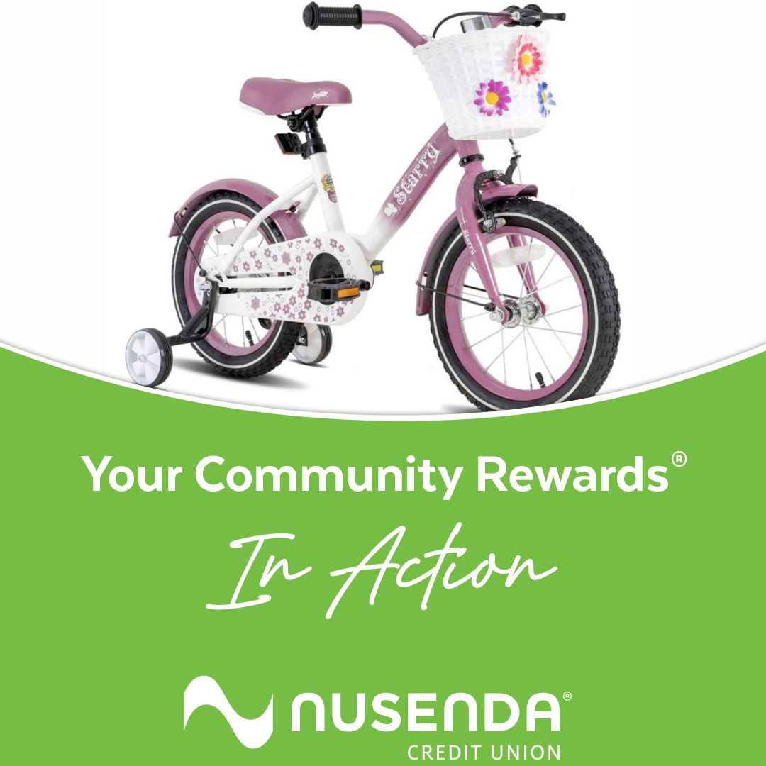 Nusenda Credit Union Nusenda Credit Union Community Rewards Logo with picture of child's bicycle.